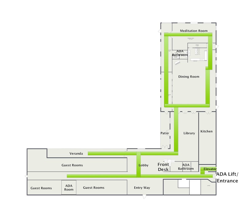 Accessible pathways to lobby, dining, library, and guest entrance